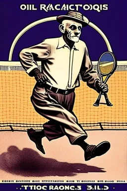 old man in 1928 poster advertising racoon tennis, raccons flying in air between tennis rackets while humans::4 use them as a tennis ball