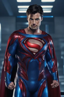 tom welling in a superman suit which is blue, red metallic and futuristic from the movie man of steel