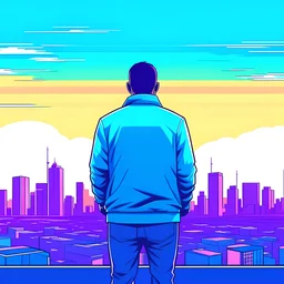 gta style illustration of a person from behind and a city in the background with normal colors