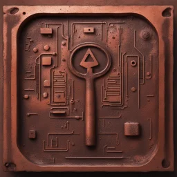 Create an image of old corrosion computer copper with strange Egyptian shaped Symbol