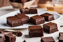 Rich and delicious chocolate square pieces piled high on a table, close-up view of a stack of square chocolate pieces, possibly truffle brownies or chocolate bars, piled on top of each other on a table. The chocolate appears to be melty and tempting, ready to be enjoyed.