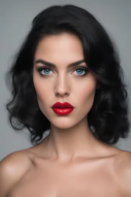 an extremely ugly abomination of a girl with great big pouty lips:1.5 and a humongous nose:1.5, wide set slanted soft blue eyes, extremely pointed chin, black hair, Wonder Woman, medium long shot, wide angle shot, full body image, head to toe, red lipstick