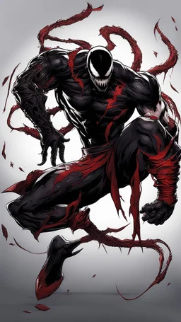 Venom symbiote with kratos Beard and red tattoos and Clothes, holding blade of choice