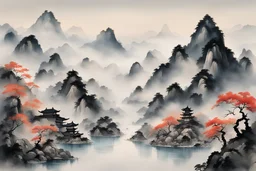 “中国文化特色的风格中，它描绘了令人敬畏的传统水墨和彩色山水画，漓江景色。图片的焦点应该是一座被云雾笼罩的山峰，映衬出它的威严和壮丽。在山脚下，应该能看见一条蜿蜒流淌的宽阔河流，清澈到足以反射周围的景色。山石和山脉等景观的重要元素应使用墨调和笔触巧妙地表现，以增加质感和深度。