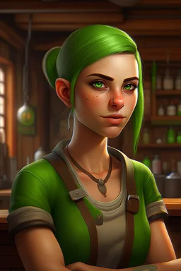 strong tomboy young woman who works at a tavern with pointy ears and green skin realistic