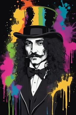 full color, A man with long curly black hair, wearing a top hat, black tuxedo and tie, against a black wall with multicolored paint splatter