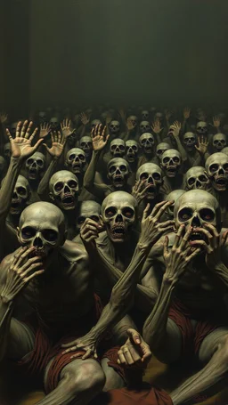 Bosch painting style ,nightmare, a lot of zombies with the hands up looking at you with screaming scary faces sitting on the floor in rows with hands tight to the back and