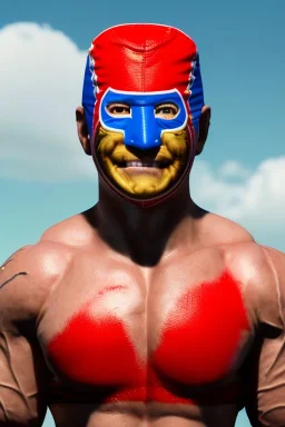 realistic image of joe biden as a mexican wrestling fighter posing, Mexican eyes wrestling mask, red and blue breeches, retro style, 80s, vibrant color, highly detailed, sky background, concept art, unreal engine 5, god rays, ray tracing, RTX, lumen lighting, ultra detail, volumetric lighting, 3d, finely drawn, high definition, high resolution.