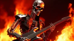 4k ultra details maximum. Terminator sans peau joue de la guitare electrique entouré de flammes