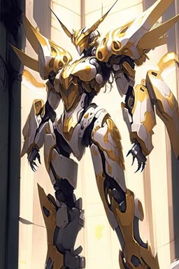 a gandam in a building, concept art of omegamon, arasaka mech, from arknights, intricate assasin mecha armor, mecha art, mecha anime, barbatos mobile suit, the golden humanoid robot, anime mech armor, modern mecha anime, beautiful gold saint, mecha, cgsociety 9