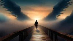 walking straight ahead over a wooden bridge, holding the angel of death with your right hand, entering the fog at the end of the road that leads to the afterlife, a stream from the mountains flows from the right and left, and a beautiful sunset and galaxy's behind the fog, realistic