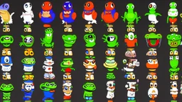 game sprite sheet of 30 images of stylized frog, view from six different angles covering 360°, collection sheet, arcade game, digital art