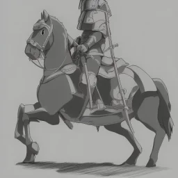 pencil sketch from side, little knight on the horse in armor with lancet charging