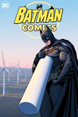 dc comics cover, giant batman holding an entire wind turbine, in the distance, wide view, wind farm in the background, very high quality, highly detailed, 4k