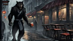 Werewolf with a Chinese menu in his hand, walking through the streets of Soho in the rain. Illustration.