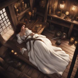 [seen from above, high res photo] a beauty asleep in the bedroom of the tavern, her weapons on her side, she wears light linen