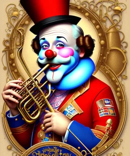 happy old friendly clown with round head and trimmed beard playing jazz with a steampunk theme, trumpet on mouth, circus, realistic