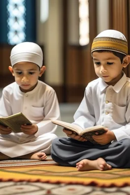 Muslim children sitting on the floor reading Quran