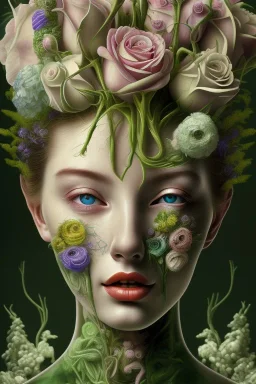 a realistic photograph of flowers, by dali, mixed media, textured, anatomically correct, beautiful perfect face, green eyes, sharp focus, highly detailed