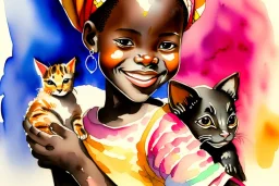 A cute smiling African girl is holding a kitten. Watercolour