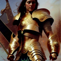 Drawing of 'Female Spartan Warrior'full bronze armor,spear,shield, by gaston bussiere, greg rutkowski, yoji shinkawa, yoshitaka amano, tsutomu nihei, donato giancola, tim hildebrandt,oil on canvas, cinematic composition, extreme detail,fit full head inside picture,16k