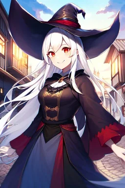 girl, masterpiece, best quality, cinematic lighting, detailed outfit, vibrant colors, perfect eyes, long hair, white hair, red eyes, witch outfit, smile, angry, landscape, town,