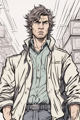 man with scruffy hair, stubble and a very judgmental facial expression comic book style