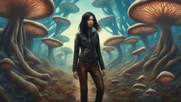 woman with black hair, in brown leather trousers and jacket, walking through Alien mushrooms with jellyfish tentacles in an alien forest, photorealistic, Deep Colour, Intricate Detail, sunshine, blue sky