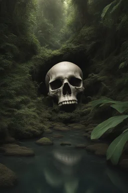 Stream following from the mouth of a skull overgrown with jungle vegetation