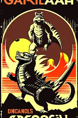 dangerous old godzilla in 1928 poster advertising racoon tennis, raccons flying in air between tennis rackets while humans::4 use them as a tennis ball, evil, crazy arms