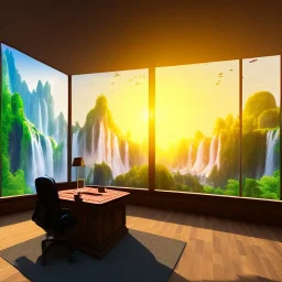 old wood sober house, large desk, parquet, sheet of paper, little pen, office chair in front of a huge picture window with large view on a waterfall with warm light, sunset ,photorealistic, detail, panorama, nature, globe, 8K, Hallelujah mountains, view first person