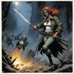 #5 Original coloured Art by Sam Keith and Bernie Wrightson Vortex Comic, 1988: female zombie slayer with weapons
