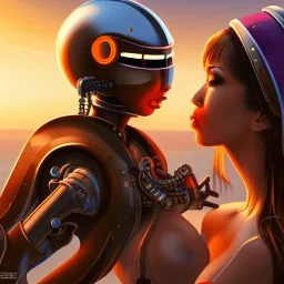 great illustrator, spanish, realistic rendering of a cute spanish girl kissing a cybergirl with mask, beautiful, steampunk style. Helmet with tubes. Machinery in the background. robotic bird flying. High details. 4k. unreal engine, sunset