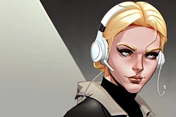 medium shot of a blonde, white woman with a headset who is sitting down typing on a laptop, graphic novel, highly detailed in the comic style of tim sale,