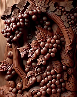 red-brown wood carved, grape vines, ultra-detailed hand carving, vineyard