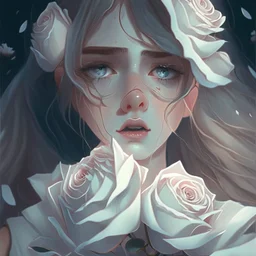 Pictures of a girl with a beautiful face holding white roses covering her face Like from a cartoon movie, digital art, anime, 4k, full details, high resolution