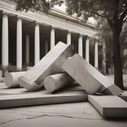 **Cinematic Artwork:** In a museum courtyard, toppled columns lie in repose. Their fractured marble bears witness to ancient quakes. Visitors read inscriptions—tributes to architects who learned from tragedy. The fallen columns become symbols of resilience, urging us to honor the past while building a safer future. **Appearance:** cinematic portraits that encapsulates the essence of disaster management, safety, and resilience, each evoking mesmeric and captivating imagery. These scenes will reso