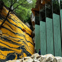 Un'immagine di un paesaggio naturale con marmi gialli e neri striati, imponenti, accanto a strutture artificiali verticali. Queste strutture sembrano blocchi rettangolari riflettenti, come colonne di vetro, che creano un contrasto tra il naturale e l'artificiale. Alberi. Strapiombo, precipizio. Pareti di vetro con venature. Persona osserva. La scena trasmette un senso di dialogo tra elementi organici. Dettagli degli specchi e delle rocce molto accentuati