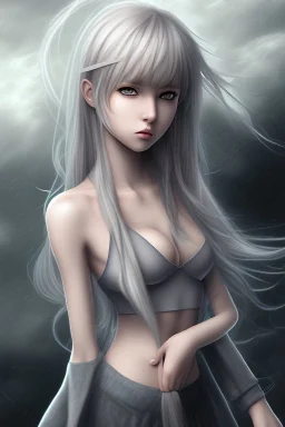 Realistic misterious Anime girl close and personal in stormy background