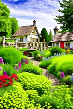 Gardens, bridges, plants, roads, small houses, lots of flowers