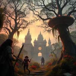 Scene from a modern fantasy action movie featuring the "Garden of Practicality", the Clockwork Forest Realm of Ix Chel, Cyberpunk style. Coloring similar to Lord of the Rings movies.