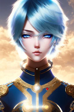 Cyborg anime warrior, light blue hair, short and messy hairstyle, pierced ears, round ears, golden eyes, waist up portrait, 8k resolution, intricate details, ornate details, soft lighting, vibrant colors, retroanime, masterpiece, intricate eyeliner, dark eyeshadow, eyes, intricate tattoos, futuristic cityscape background
