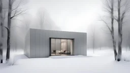 Modern and minimalist house in a winter environment is light gray, with vertical siding that gives it a subtle texture. There are small rectangular windows and a visible door, all emitting warm light from the inside. The house is situated in a snowy landscape, with several bare trees scattered around, suggesting that it is winter or a cold region.