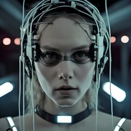 singer Danish MØ face, lumen lighting, led lights, <hanging wires> many wires connected to the head<perfect pupil> <cyborg> <garage> <sci-fi futuristic>