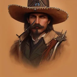 portrait,"Insanely detailed photograph of a male western mustachioed crossbowman", detailed charro and Sombrero, digital painting,eye patch, cigar, artstation, concept art, sharp focus, illustration, art by artgerm and greg rutkowski and alphonse mucha, 8 k,fantasy, unreal engine