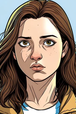 Female, daughter, 15 years old, looking serious, with brown hair in a comic style