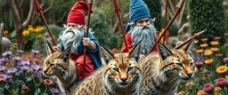 close up portrait of blue and red clothed gnome riding furred lynx cats with lances in garden of eden in the style of Escher and Giger
