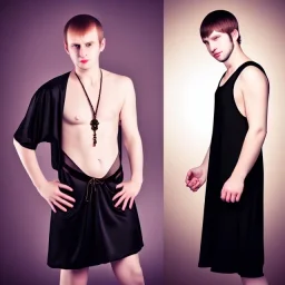 Realistic photo Russian shorthair beautiful 20-years guy boyish boylike wide hips in black nightgown and evil force amulet in hotel