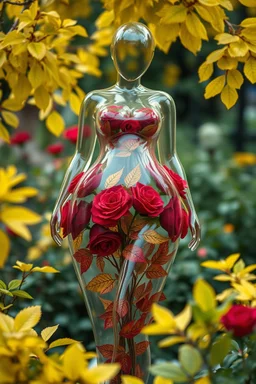 curvy body inside transparent woman yellow leaves beautiful transparent woman made of transparent glass filled inside with red roses and leaves beautiful dynamic pose stands in garden hyper detailed sharpen CGI