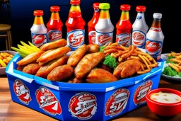 Sizzler Wings Bucket, 25pcs Sizzler southern Fried Crispy Wings, hot fries in 4 white packets, 1.5ltr pepsi bottle just as in UK... wings are hot and spicy, fried...Deliciously looking. All items in one fram and should not be cropped